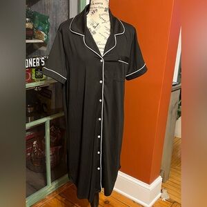 Ekouaer Black Short Sleeve Button Up House Dress Duster Robe -L